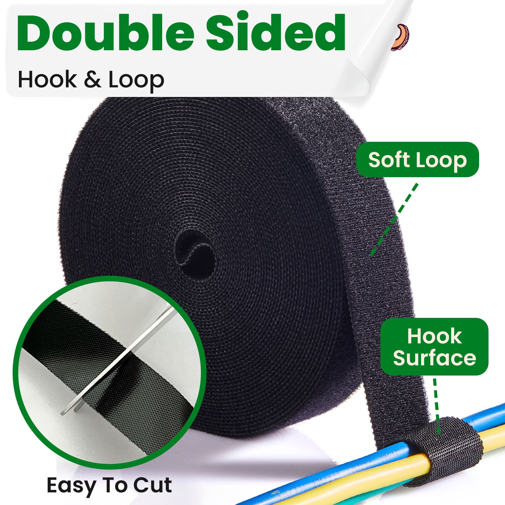 Double Sided Hook and Loop Roll Tape | Reusable Cable Ties Wrap Strips - Image 3