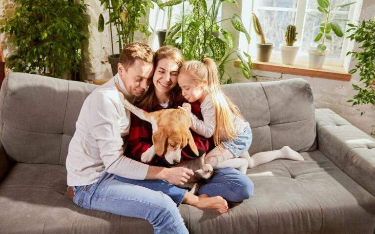 Family and their dog on a grey sofa
