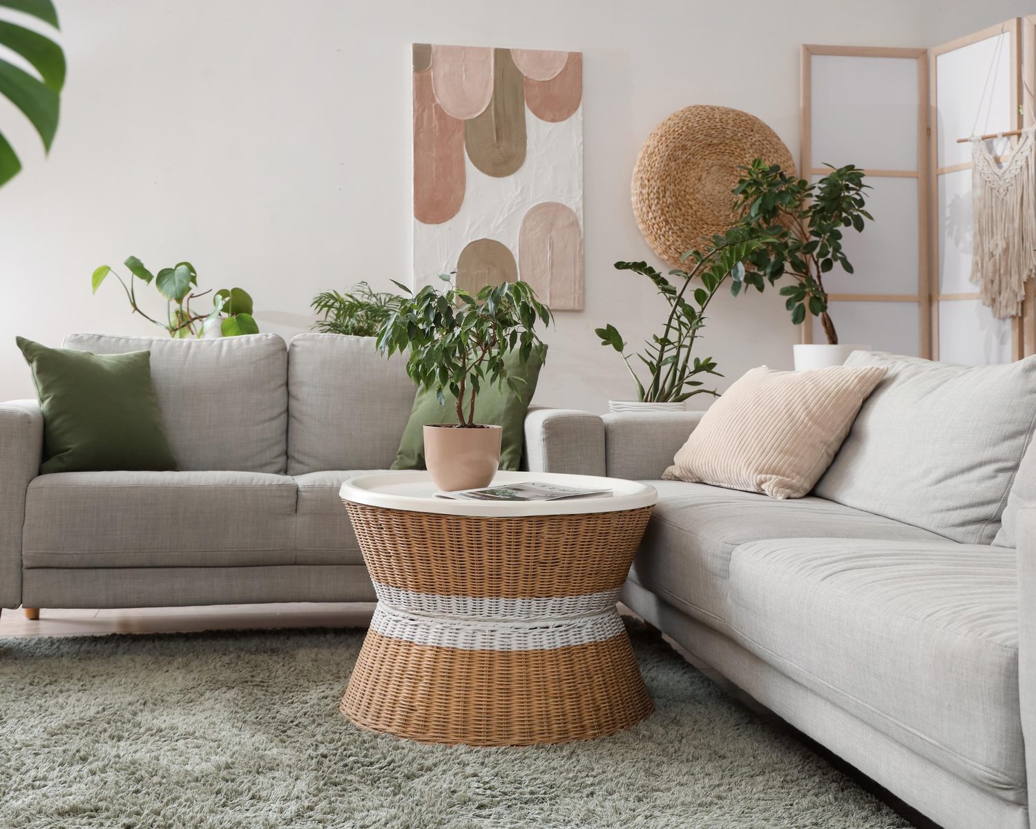 A bright, lived-in living room with grey sofas, plants and a woven side table
